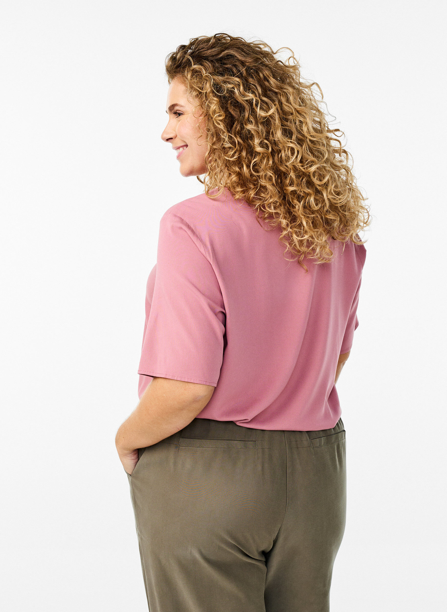 Zizzi Geweven blouse met korte mouwen en ronde hals, Roze, Model image number 2