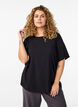 Geweven blouse met korte mouwen en ronde hals, Zwart, Model image number 0