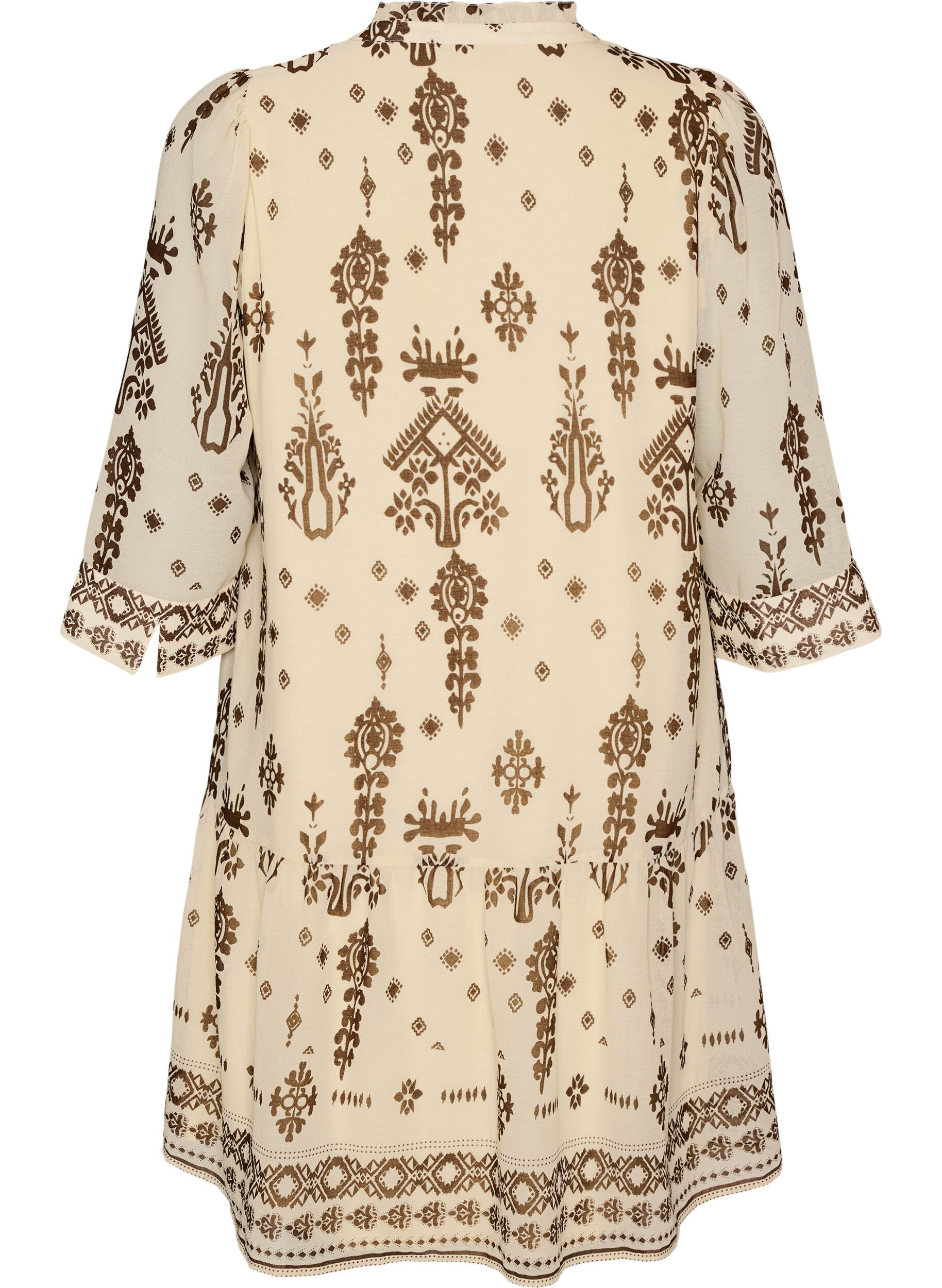 ZizziJurk met ornamentprint en ruchekraag, Beige, Packshot image number 1