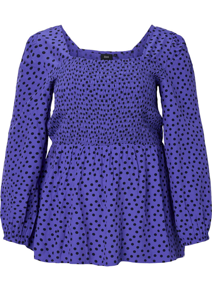 Gestippelde viscose blouse met smok, R.Blue w. Black Dot, Packshot image number 0
