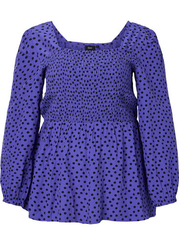 Gestippelde viscose blouse met smok, R.Blue w. Black Dot, Packshot image number 0