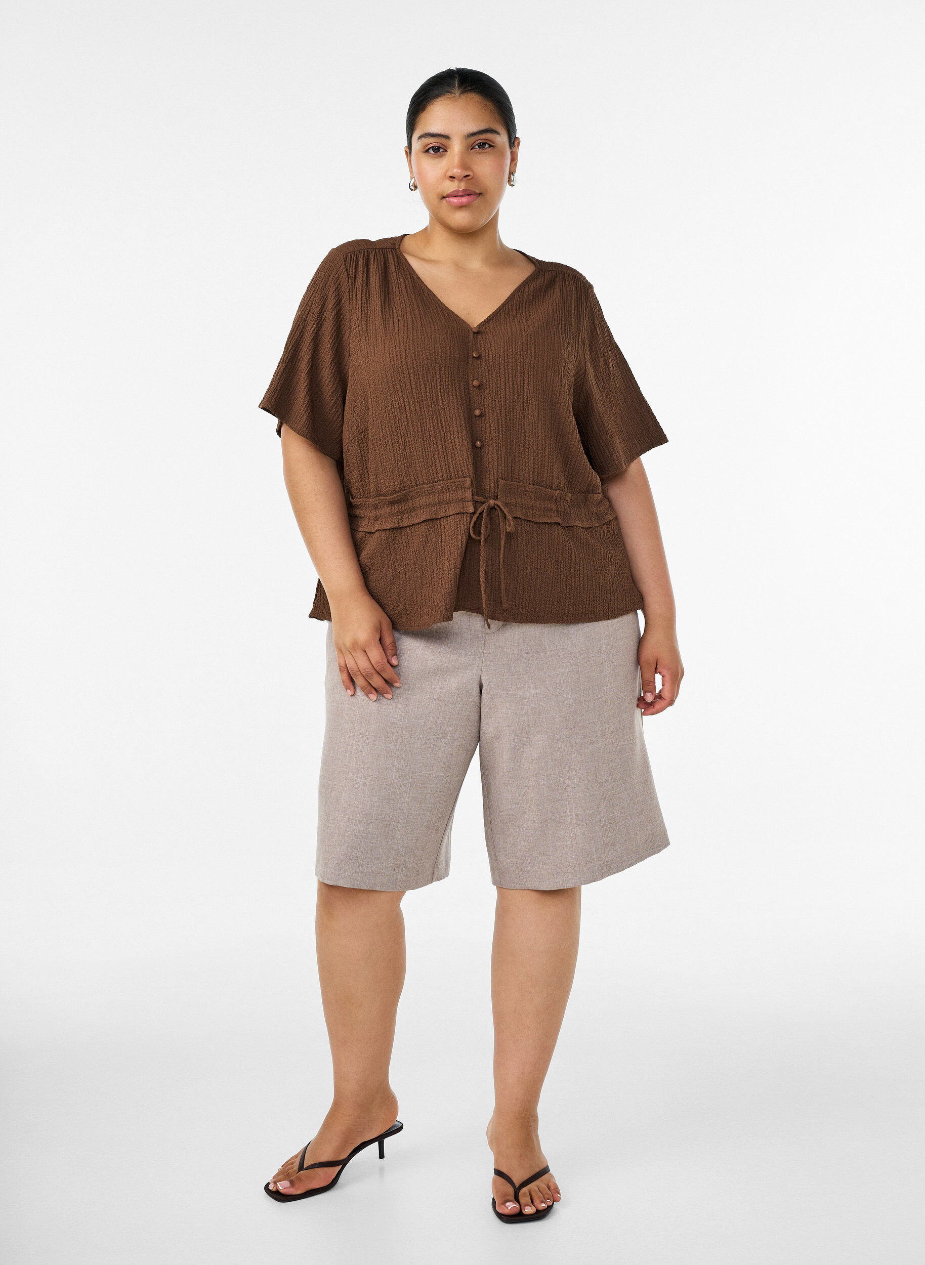 ZizziBlouse met textuur en een strik in de taille, Bruin, Model image number 1