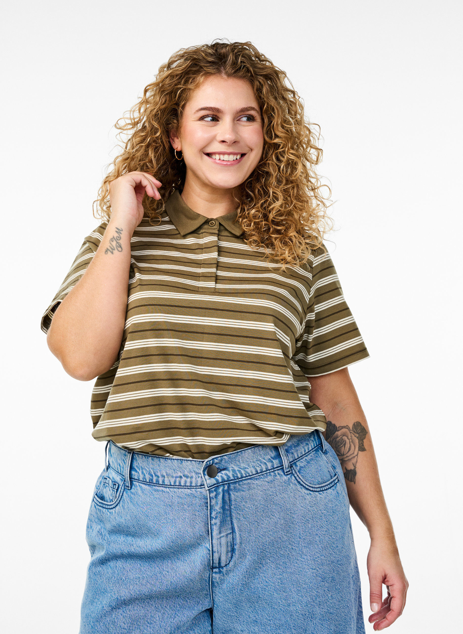 Zizzi Gestreepte poloshirt met korte mouwen, Groen, Model image number 0