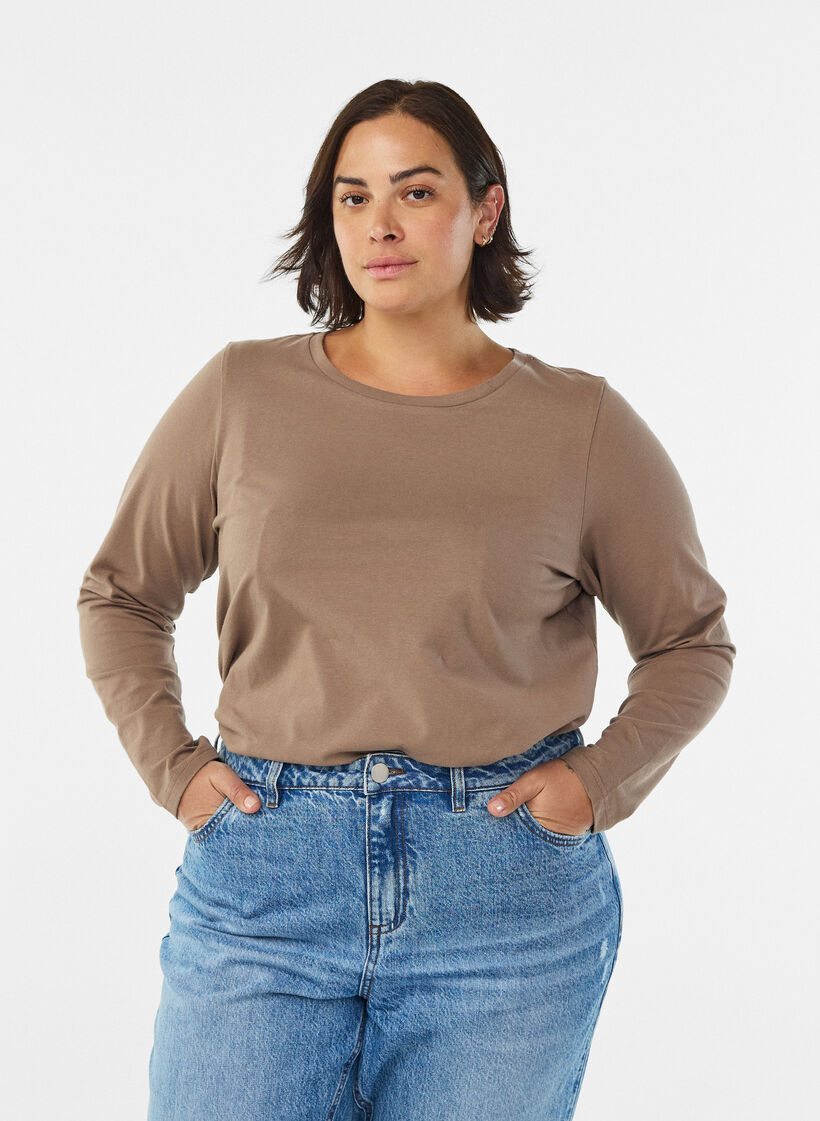 Basic jerseyblouse met lange mouwen, Bruin, Model image number 0