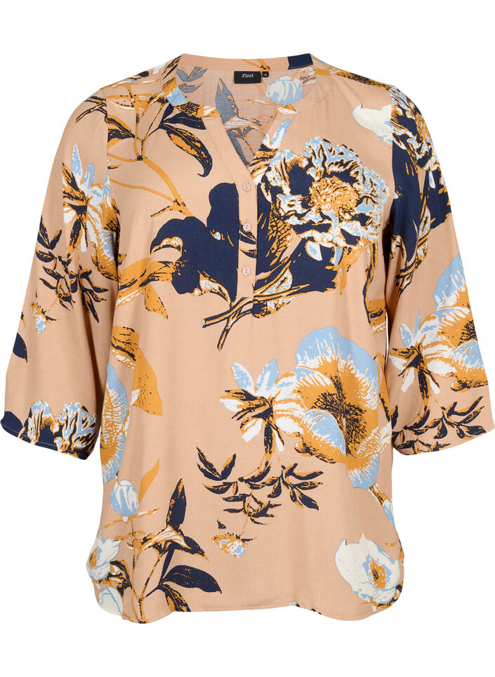 Blouse van Viscose met 3/4 mouw, Blue Flower AOP, Packshot image number 0