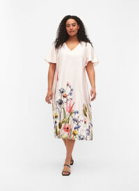 	 Taille jurk met bloemenprint en korte mouwen, White Sand, Model