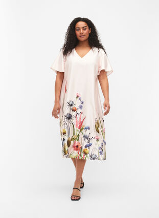 Midi-jurk met bloemenprint en korte mouwen, White Sand, Model image number 0