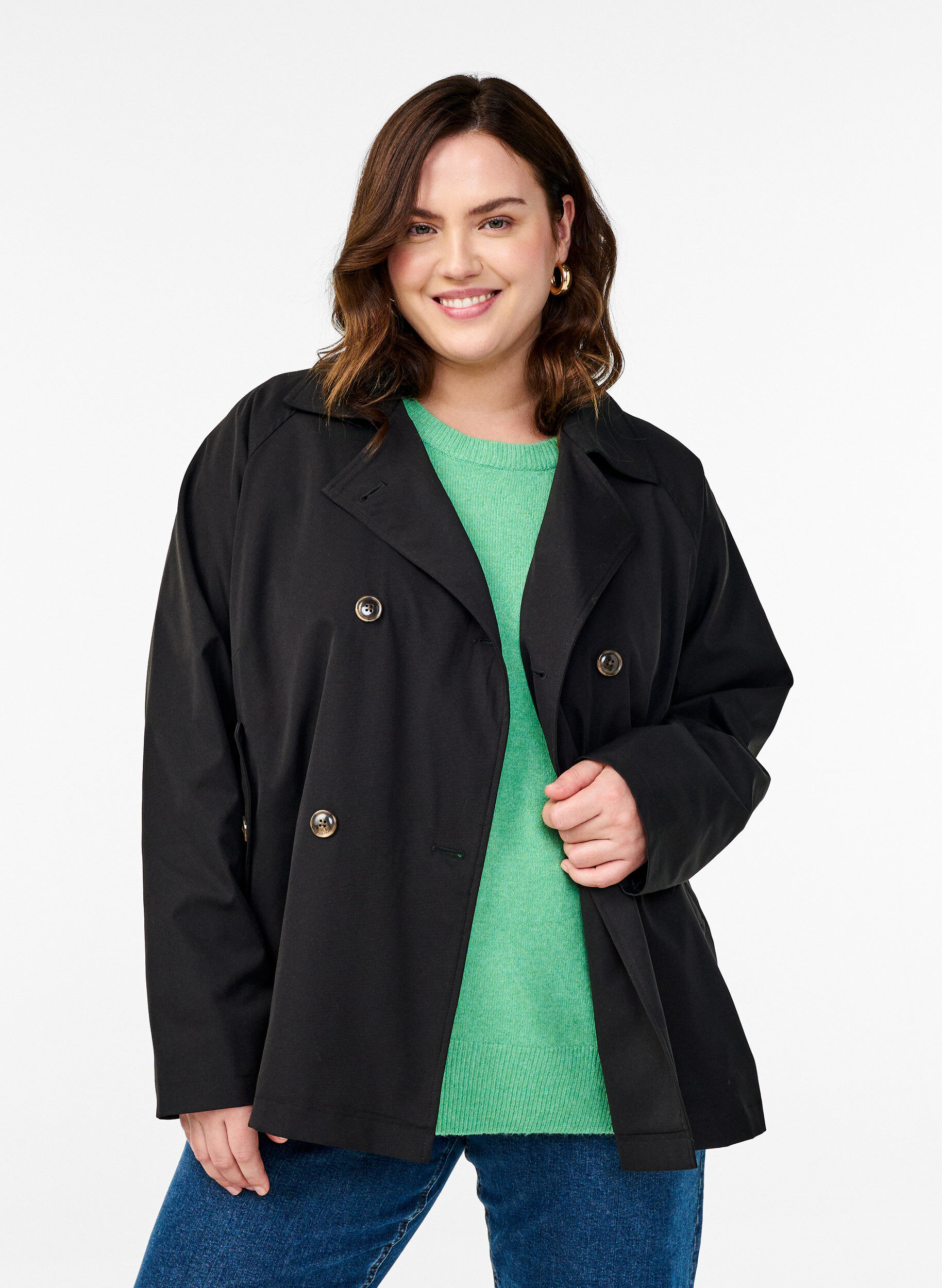 Zizzi Korte trenchcoat met zakken, Zwart, Model image number 0