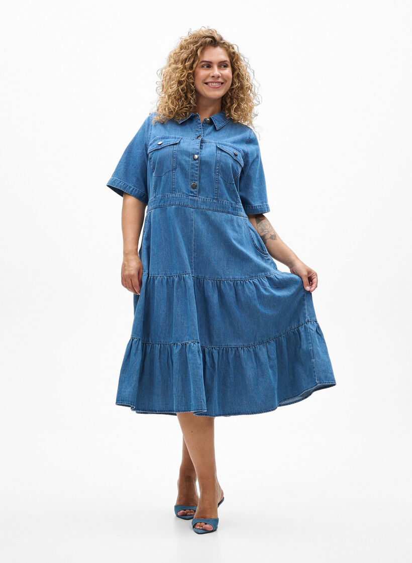Midi denim jurk met knopen en korte mouwen, Blauw, Model image number 1