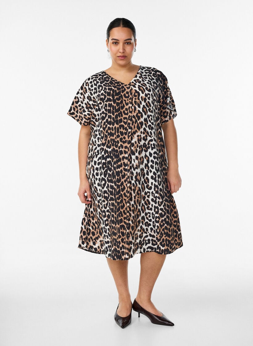 Jurk met V-hals van viscose, Bruin, Model image number 0