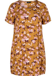 Viscose jurk met print en korte mouwen , Yellow Flower