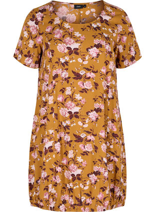Viscose jurk met print en korte mouwen , Yellow Flower, Packshot image number 0