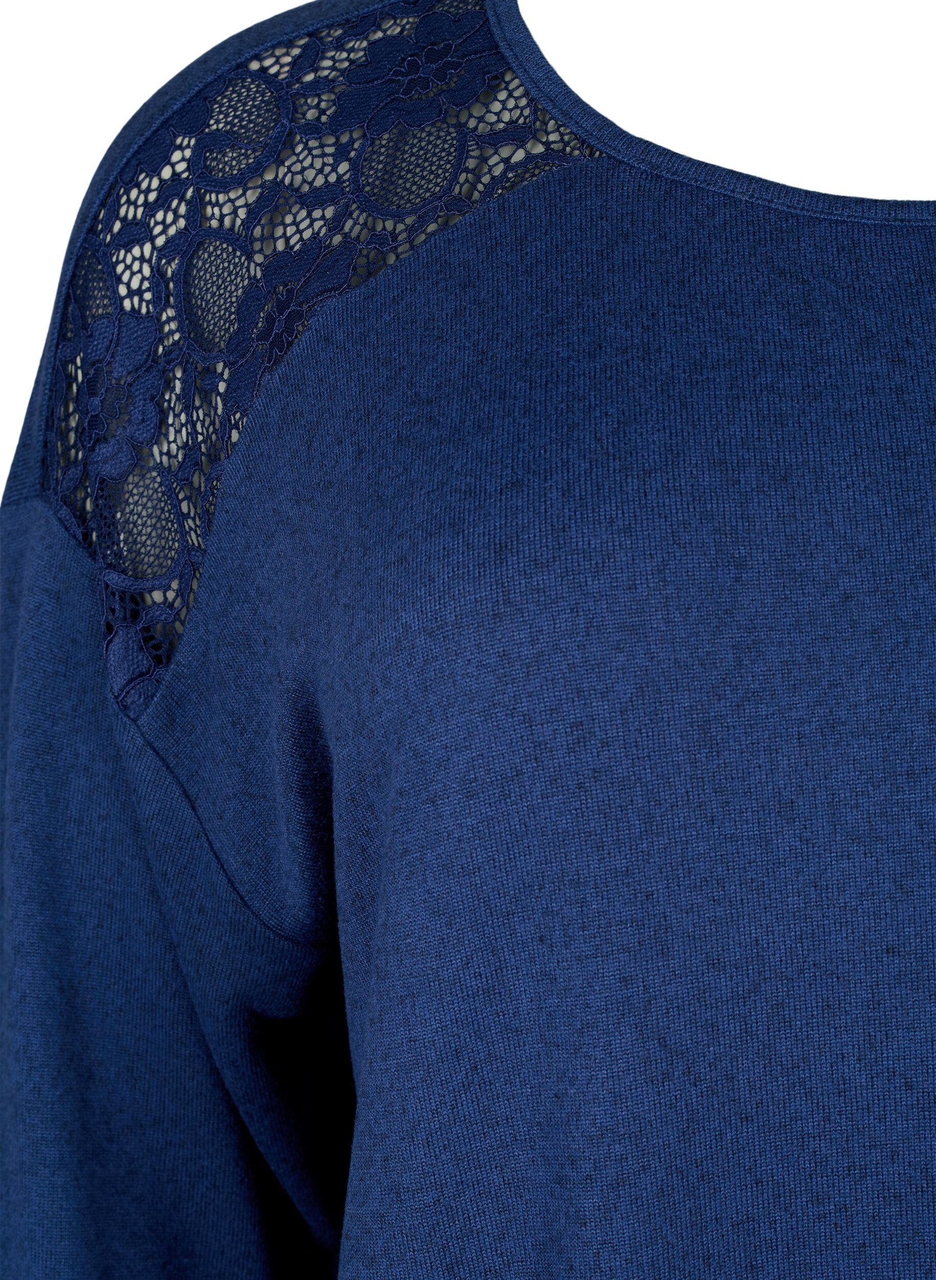 Zizzi Blouse met 3/4 mouwen en kanten detail, Medieval Blue Mel., Packshot image number 2