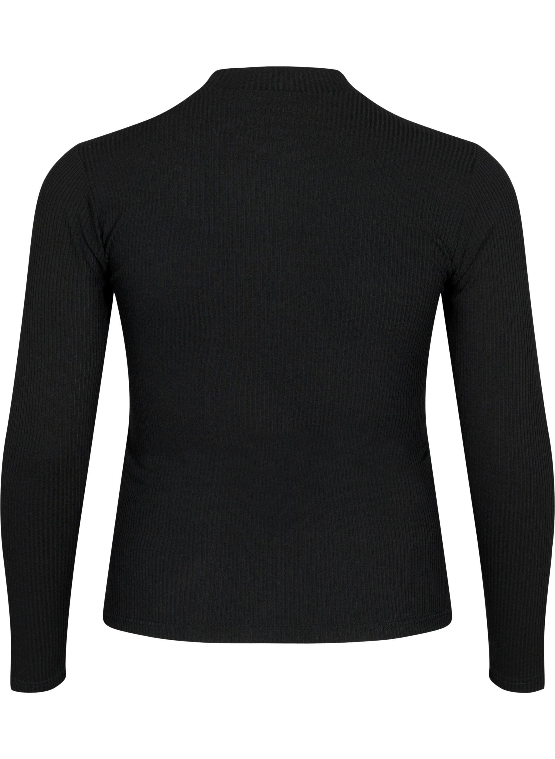 Zizzi Geribde blouse met lange mouwen en gaatjes, Black, Packshot image number 1