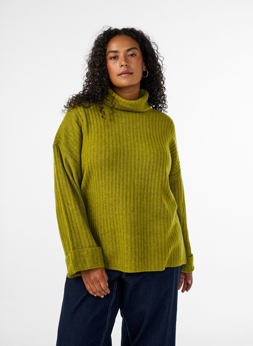 Gebreide top met col, Groen, Model image number 0