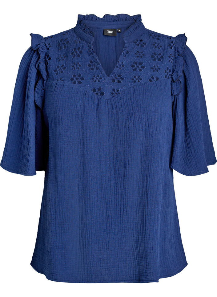 Blouse in katoen mousseline met broderie anglaise en 1/2 mouwen, Blauw, Packshot image number 0