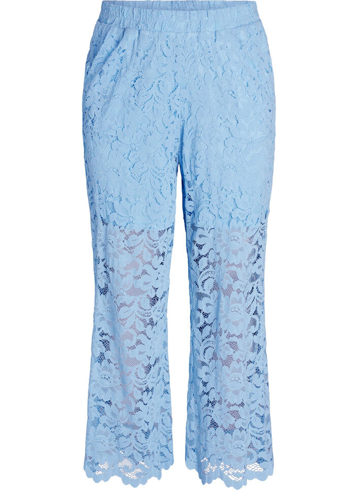 Hoog getailleerde kanten broek met rechte pijpen, Blauw, Packshot image number 0