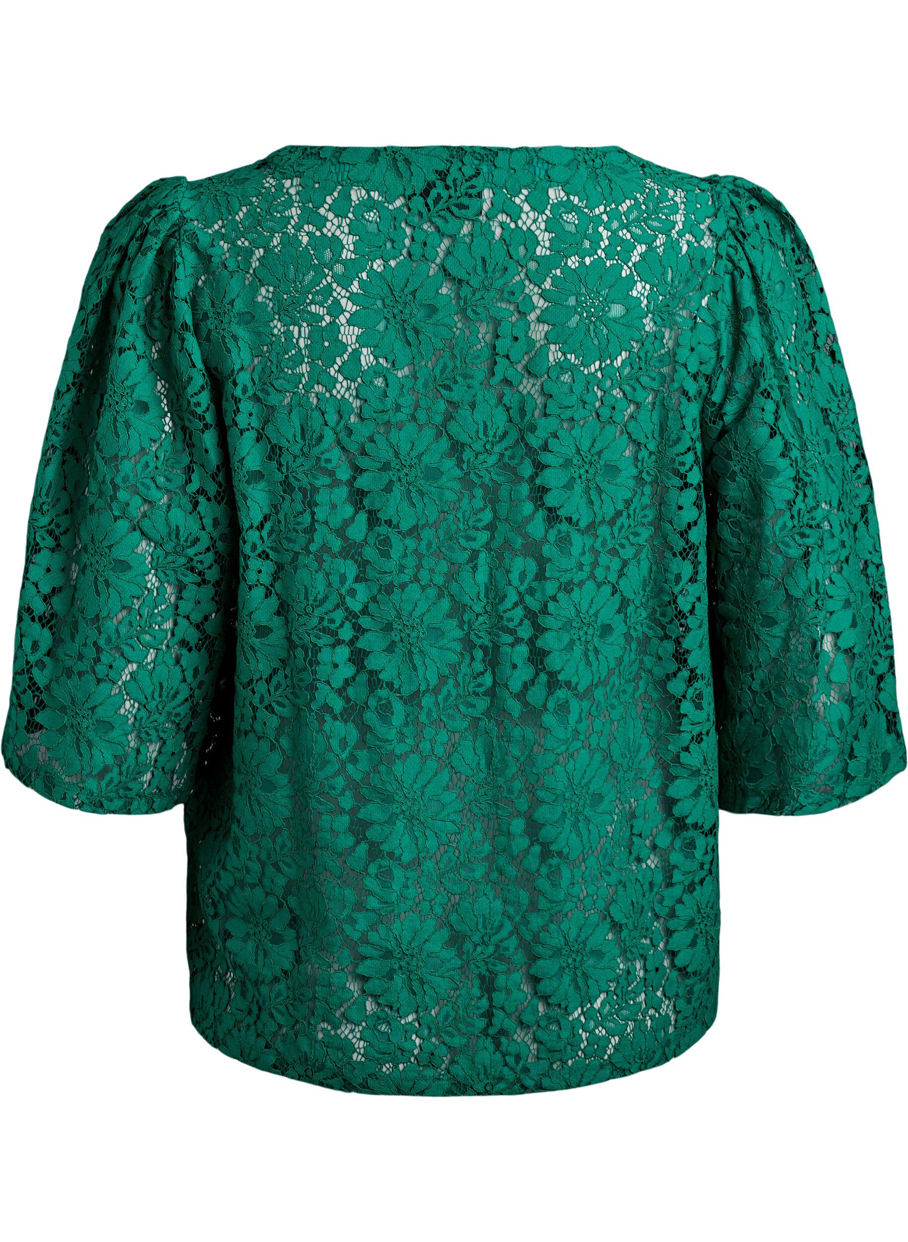 Zizzi Kanten blouse met 3/4 mouwen en strikjes aan de voorkant, Groen, Packshot image number 1