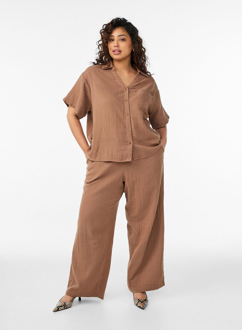 High-waist katoenen mousseline broek met losse pijpen, Bruin, Model image number 0