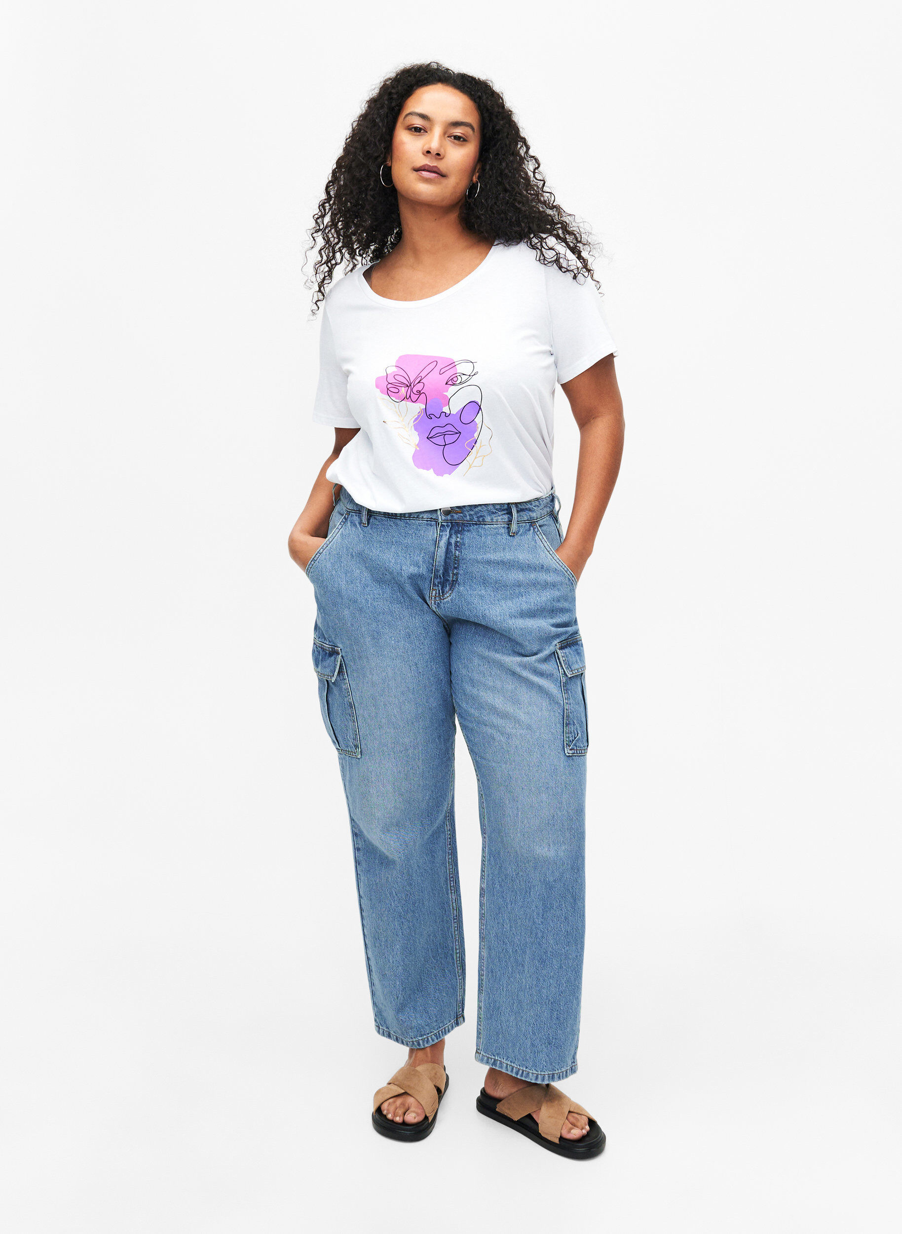 Zizzi Katoenen T-shirt met motief, B. White w. Face, Model image number 2