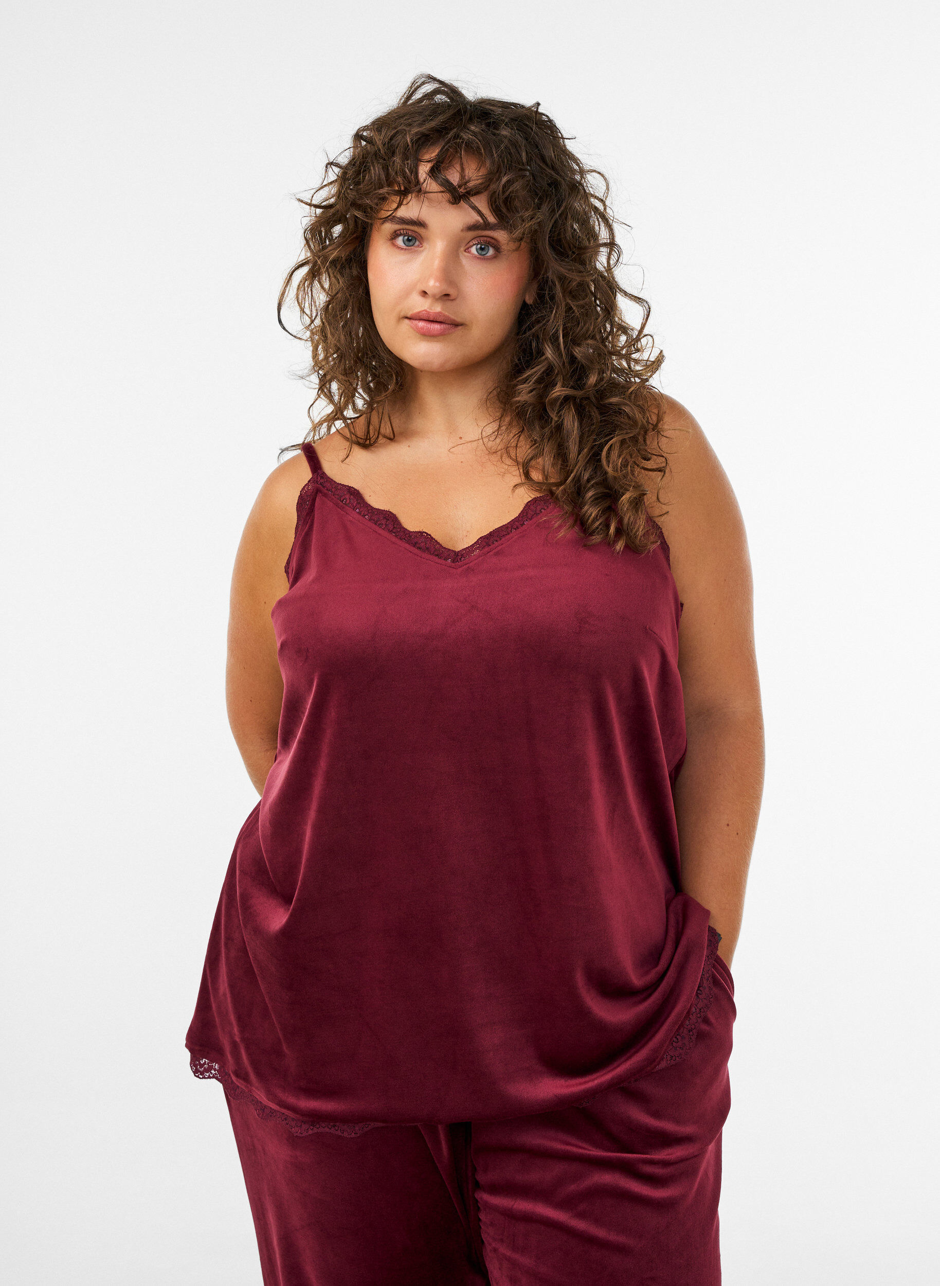 Velour top met kanten rand, Rood, Model