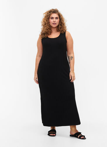 Mouwloze geribde jurk van viscose, Black, Model image number 0