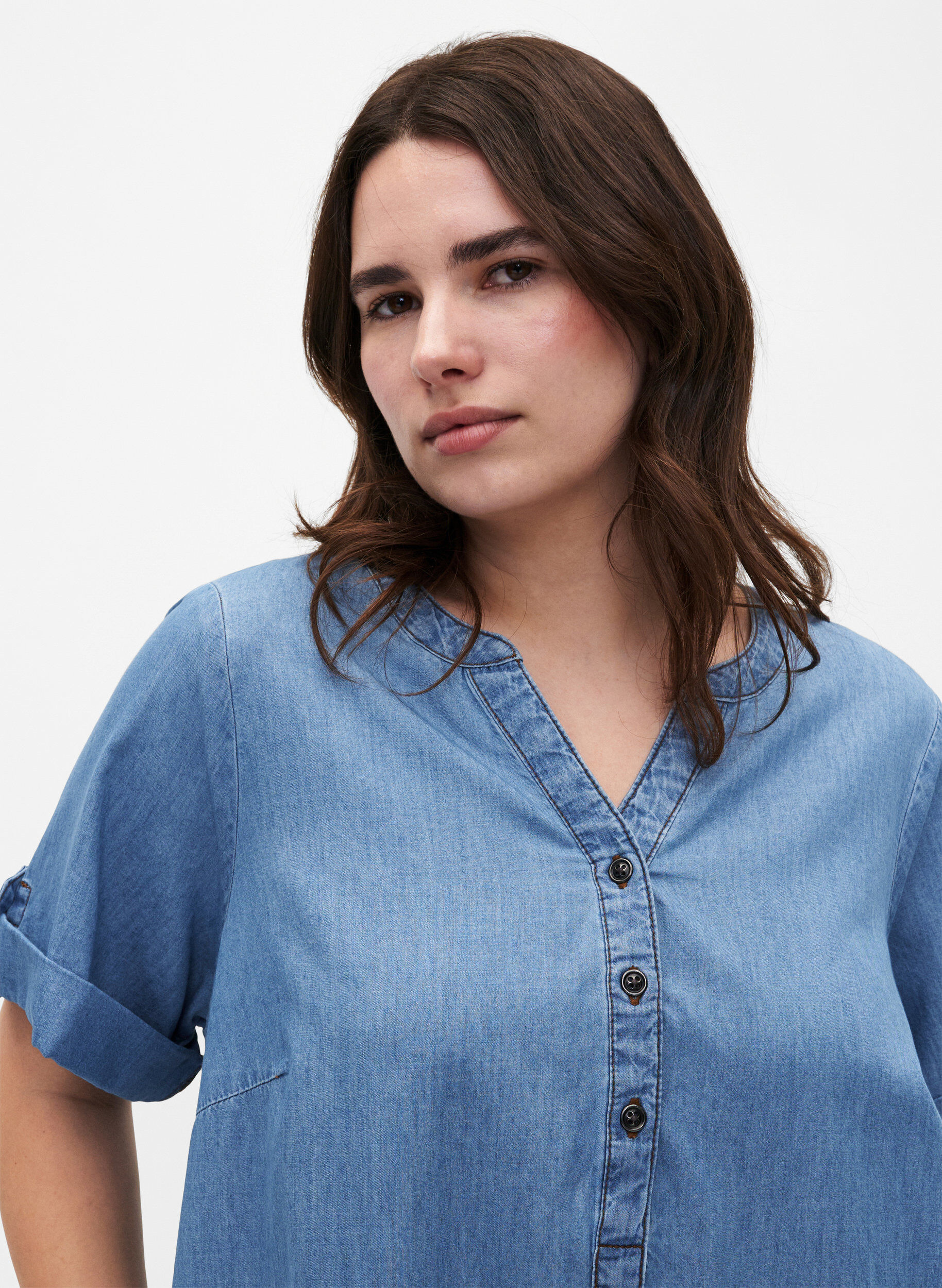 Zizzi Denim jurk met split en korte mouwen, Blue denim, Model image number 3