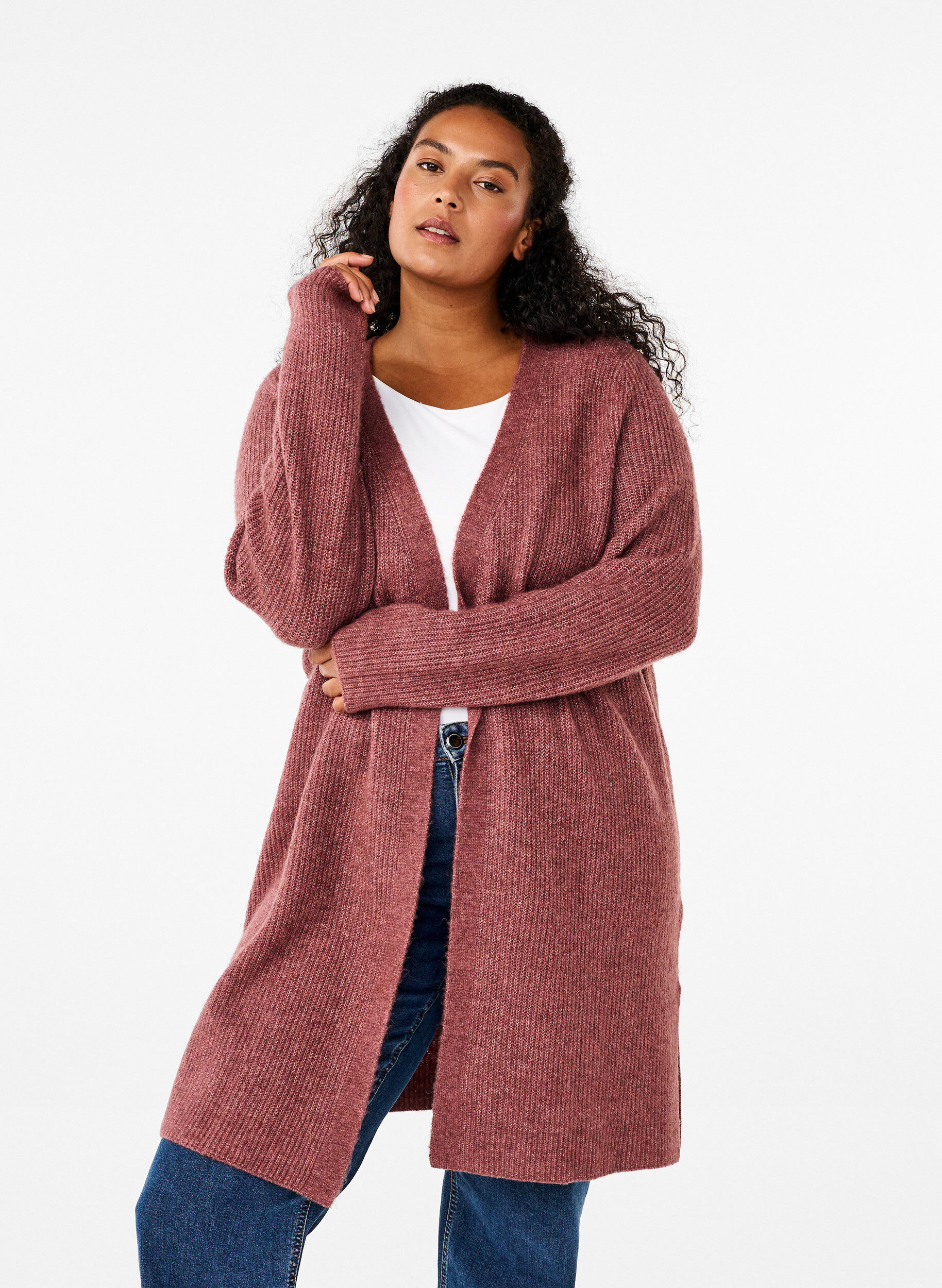 Zizzi FLASH - Geribde cardigan met splitten, Rose Brown Melange, Model image number 0