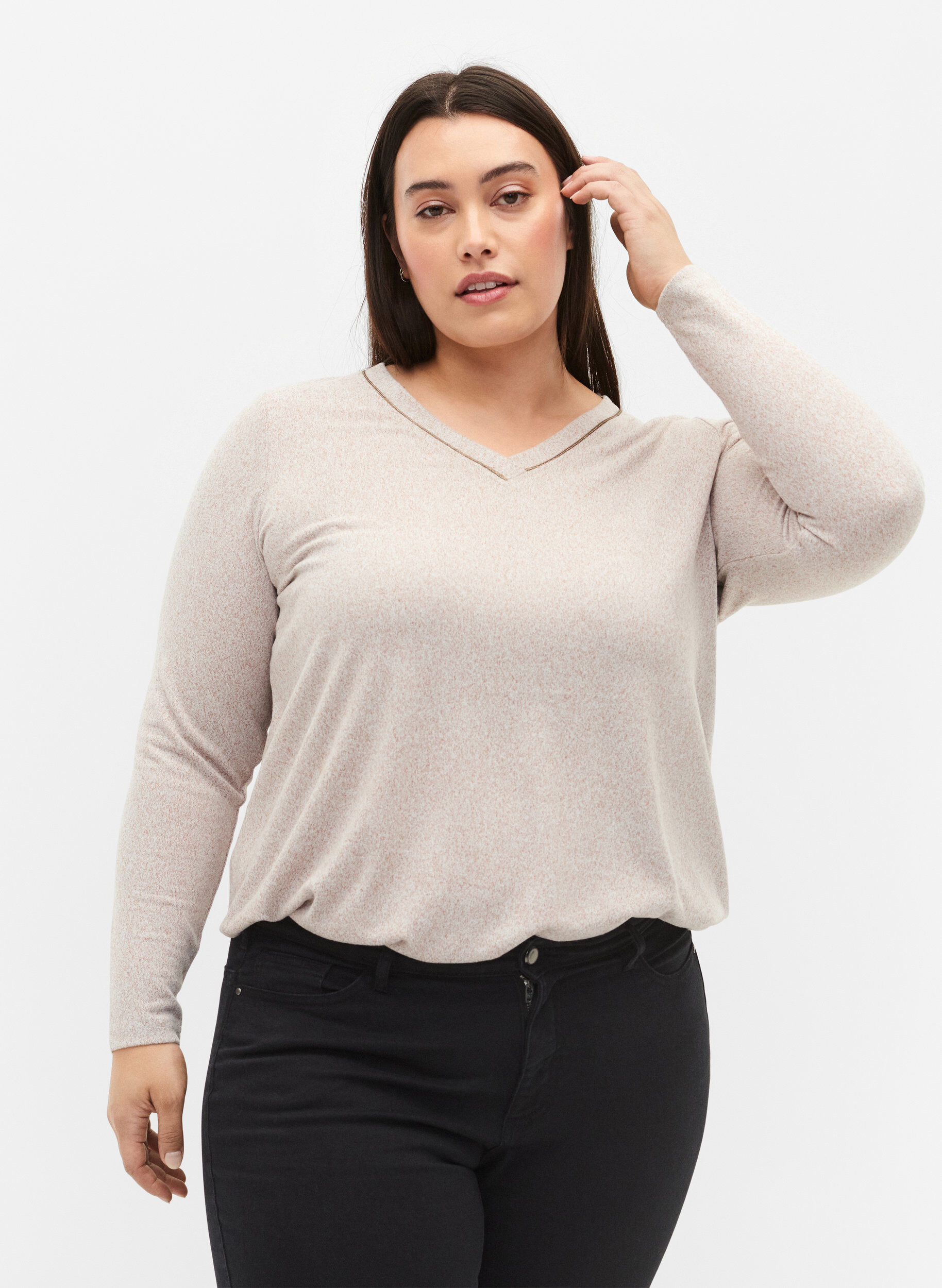Top met v-hals en lange mouwen, Beige, Model