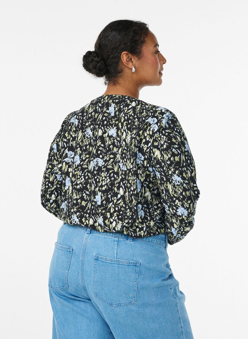 Blouse met lange mouwen met patroon en knopen, Zwart, Model image number 2