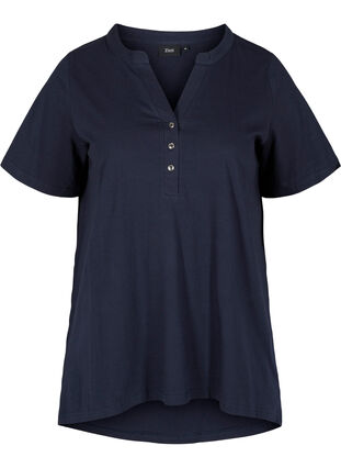 Katoenen t-shirt met v-hals en knopen, Night Sky, Packshot image number 0