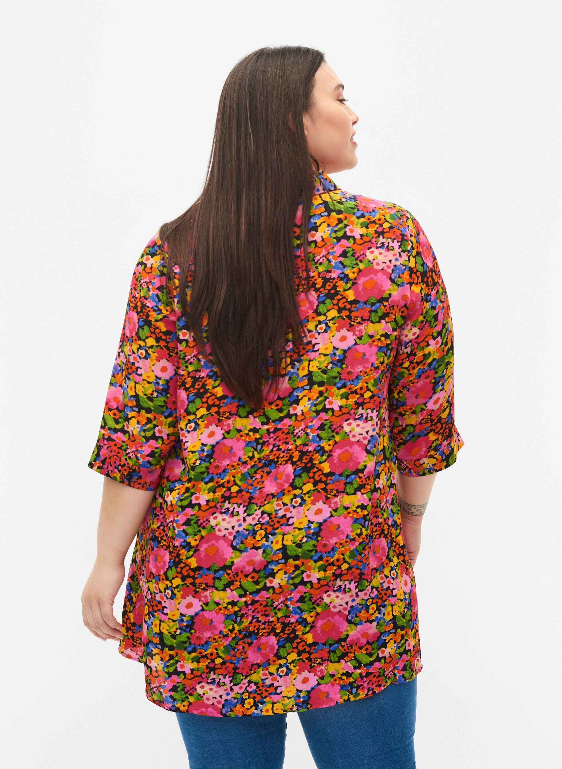 Zizzi Gebloemde viscose tuniek met 3/4 mouwen, Neon Flower Print, Model image number 1