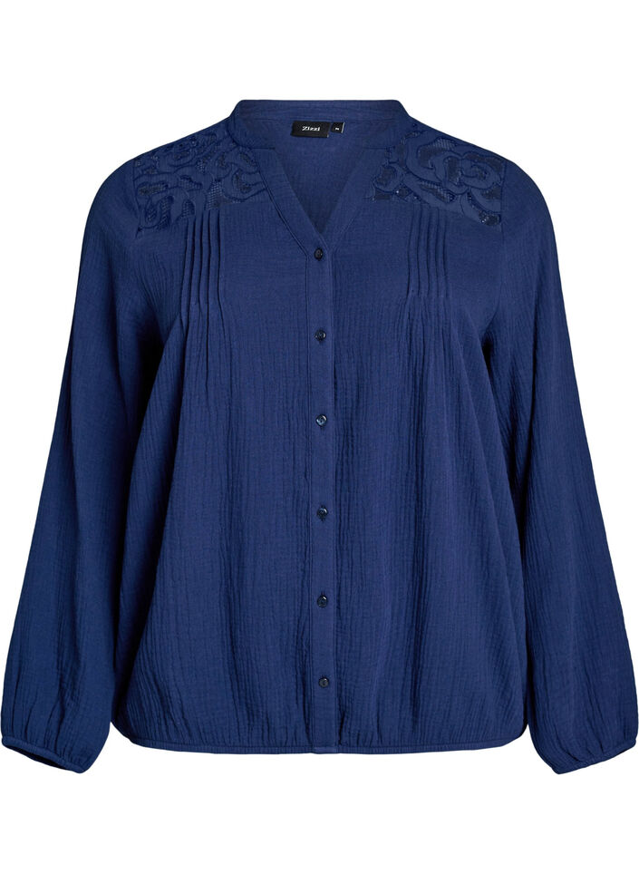 Katoenen mousseline blouse met geborduurde details, Blauw, Packshot image number 0