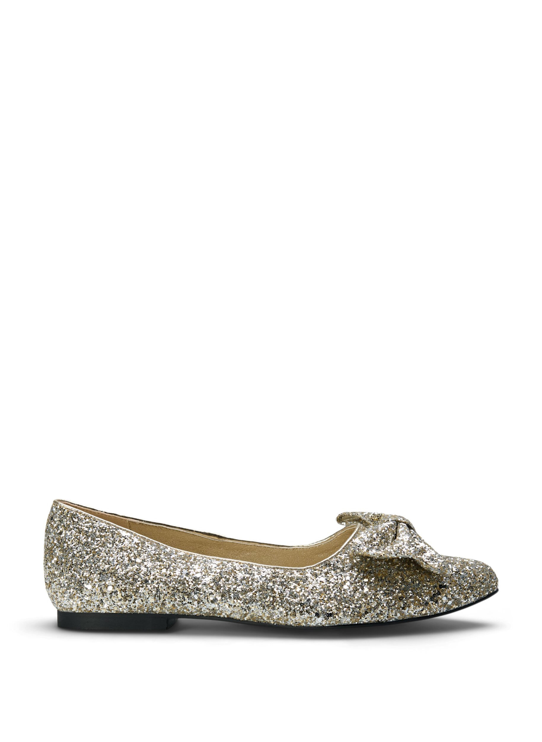 Zizzi Wijde glitter ballerina met strik, Gold Glitter, Packshot image number 0