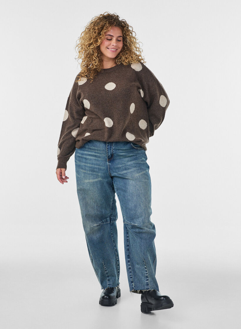 Gebreide blouse met een stippenpatroon, Bruin, Model image number 1