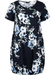 Katoenen jurk met korte mouwen en print, Black Blue Flowers