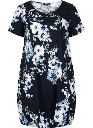 Katoenen jurk met korte mouwen en print, Black Blue Flowers, Packshot image number 0