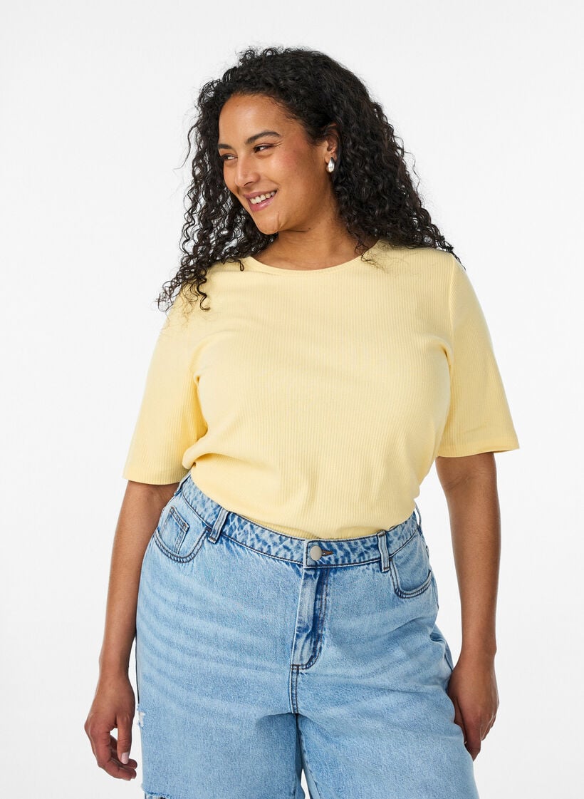 Geribde jersey blouse met korte mouwen, Geel, Model image number 0