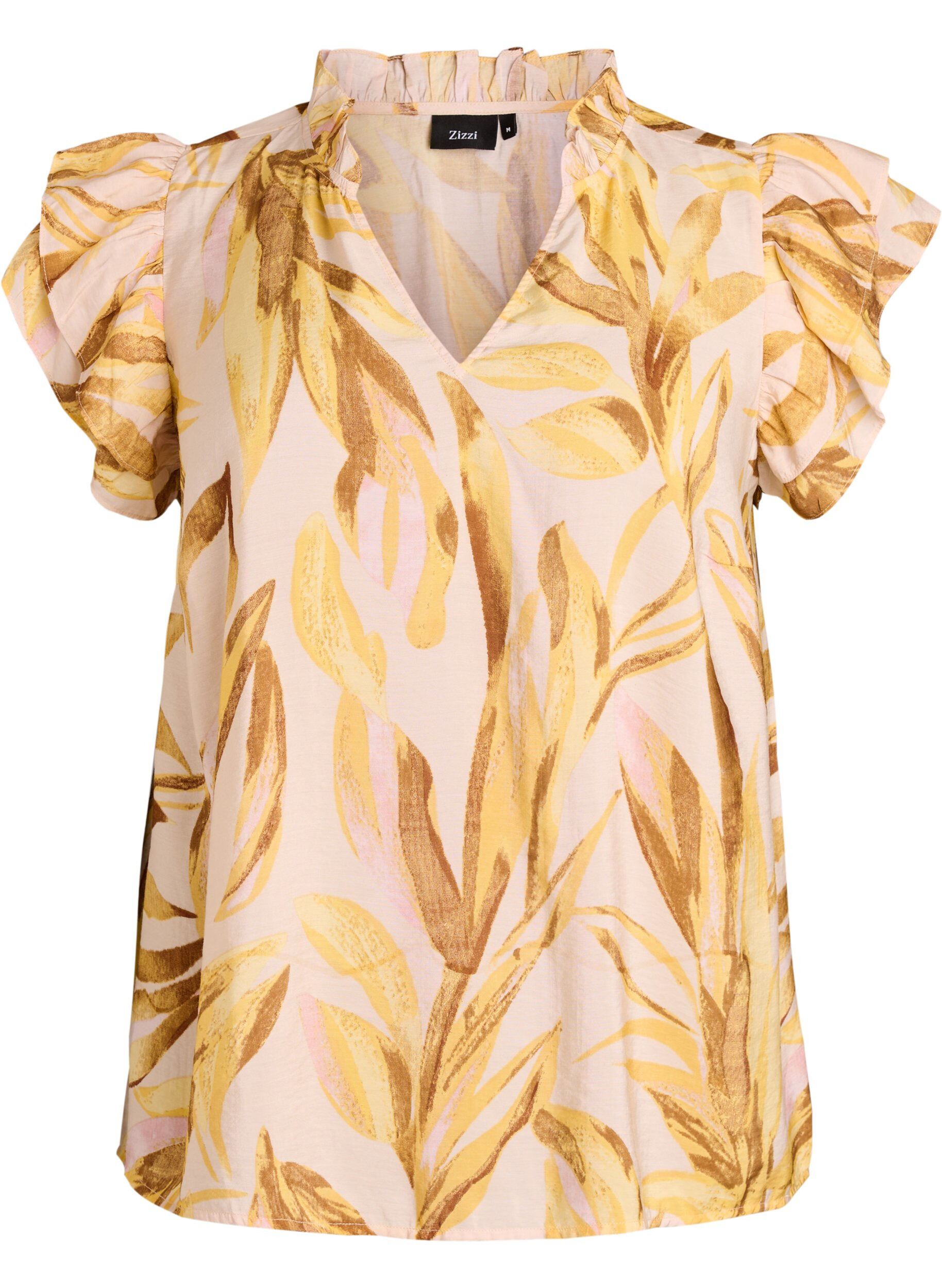 ZizziViscose blouse met bladprint en ruches, Geel, Packshot image number 0