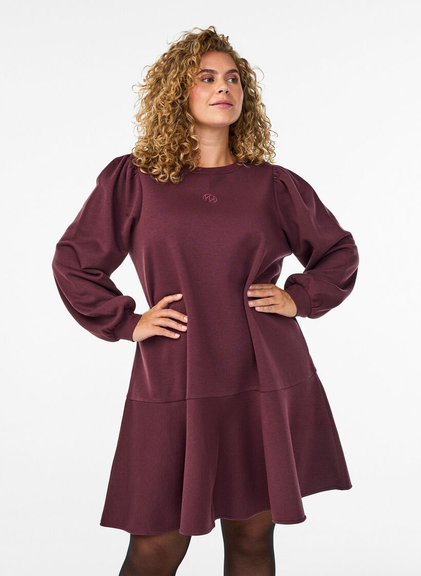 Korte sweaterjurk met ruchesdetail, Donker Bordeaux, Model image number 0