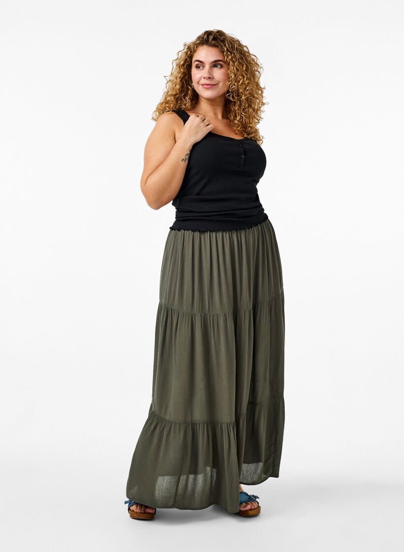 Lange rok met elastiek in de taille, Groen, Model image number 0