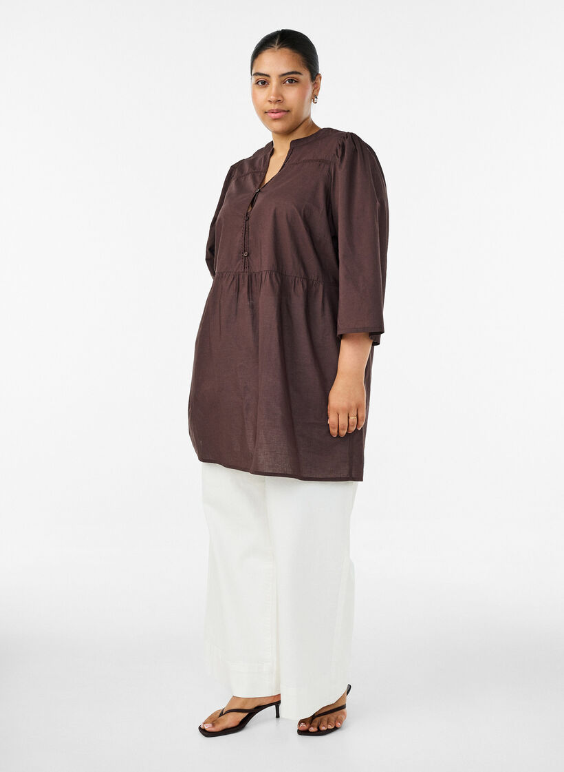 Katoenen tuniek met V-hals en crochet detail, Bruin, Model image number 1