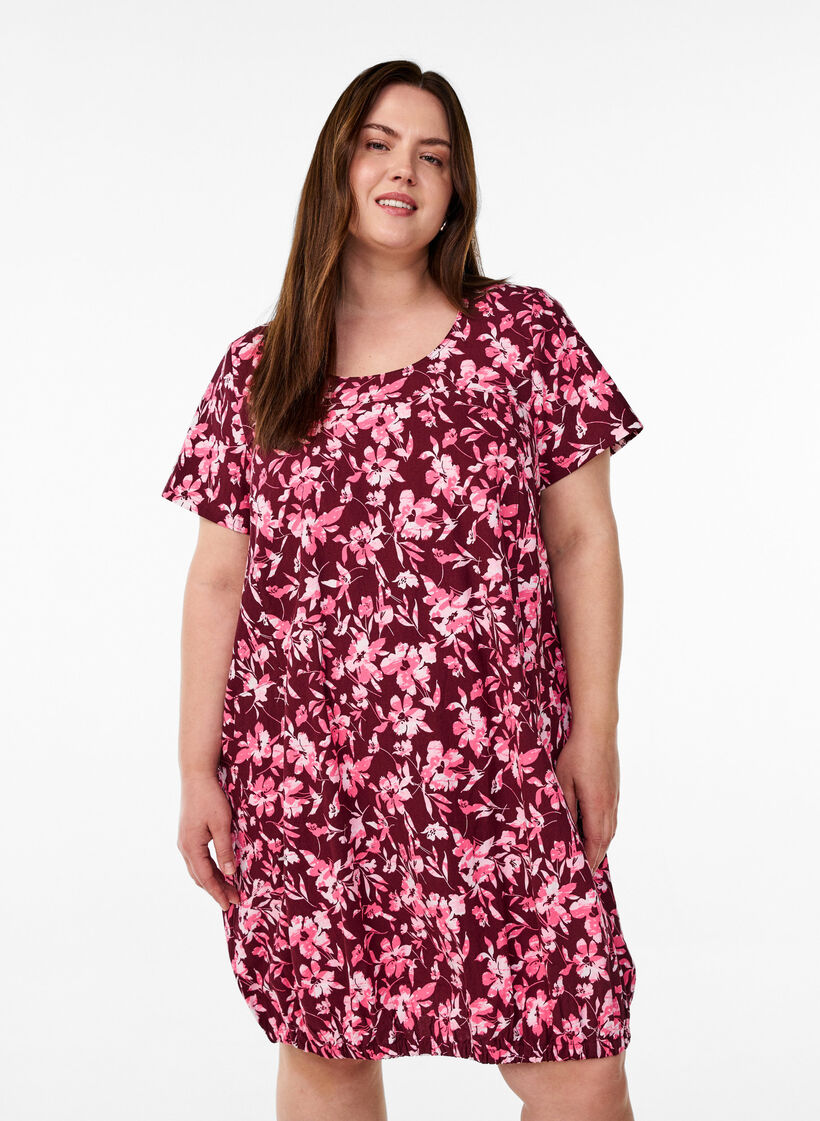 Katoenen jurk met korte mouwen en print, Donker Bordeaux, Model image number 0