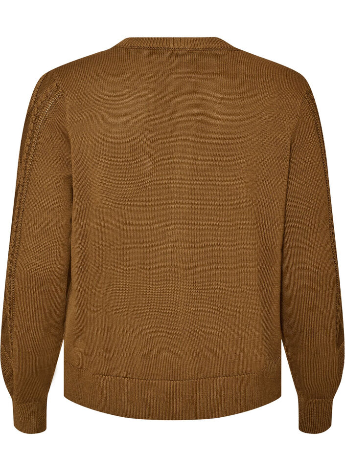 Kabelgebreide cardigan met decoratieve knopen, Bruin, Packshot image number 1