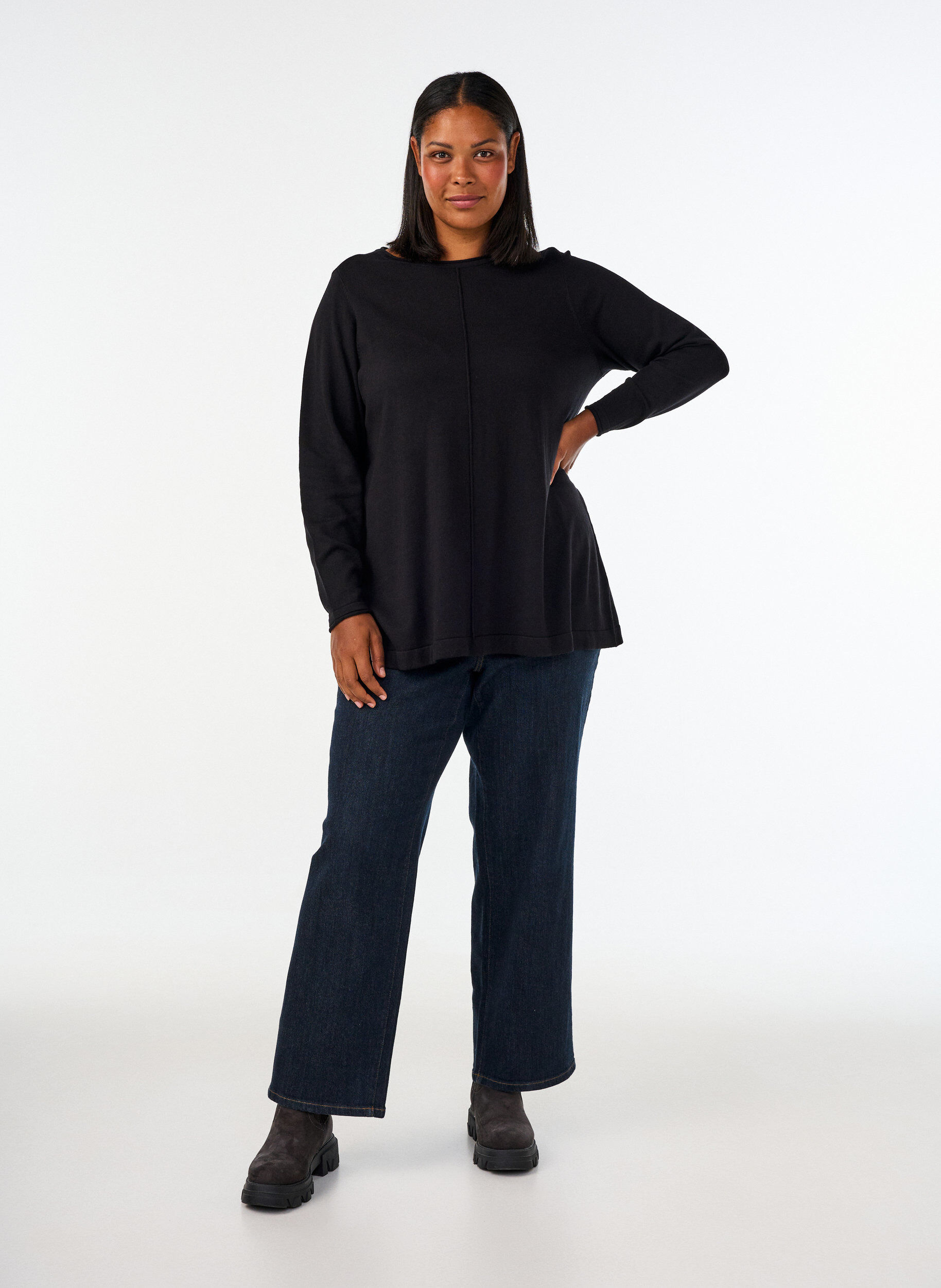 ZizziGebreide blouse gemaakt van katoen en viscose., Zwart, Model image number 1