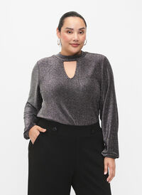 Glitter blouse met lange mouwen, ronde hals en V-detail, Black Silver, Model