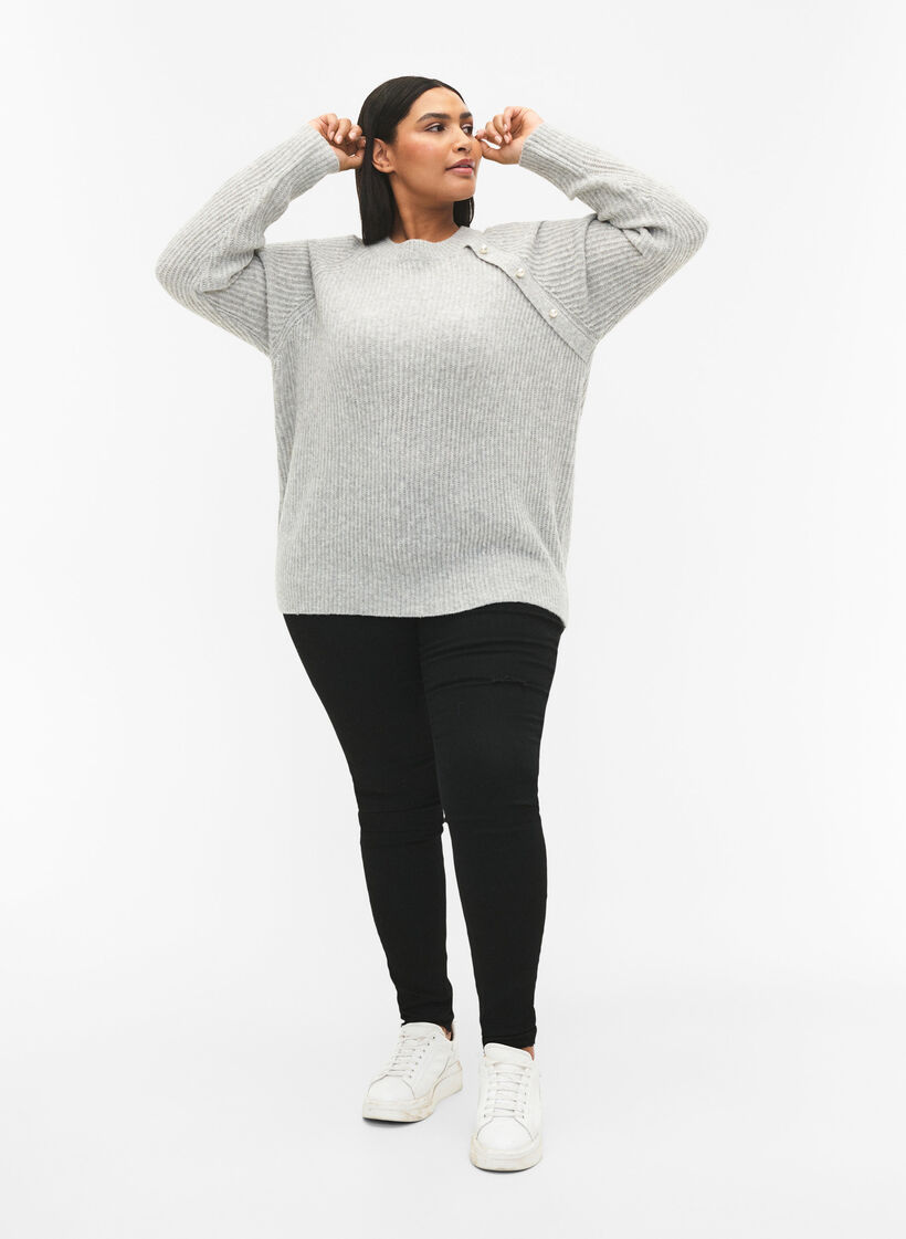 Gemêleerde pullover met parelknopen, Light Grey Melange, Model image number 2