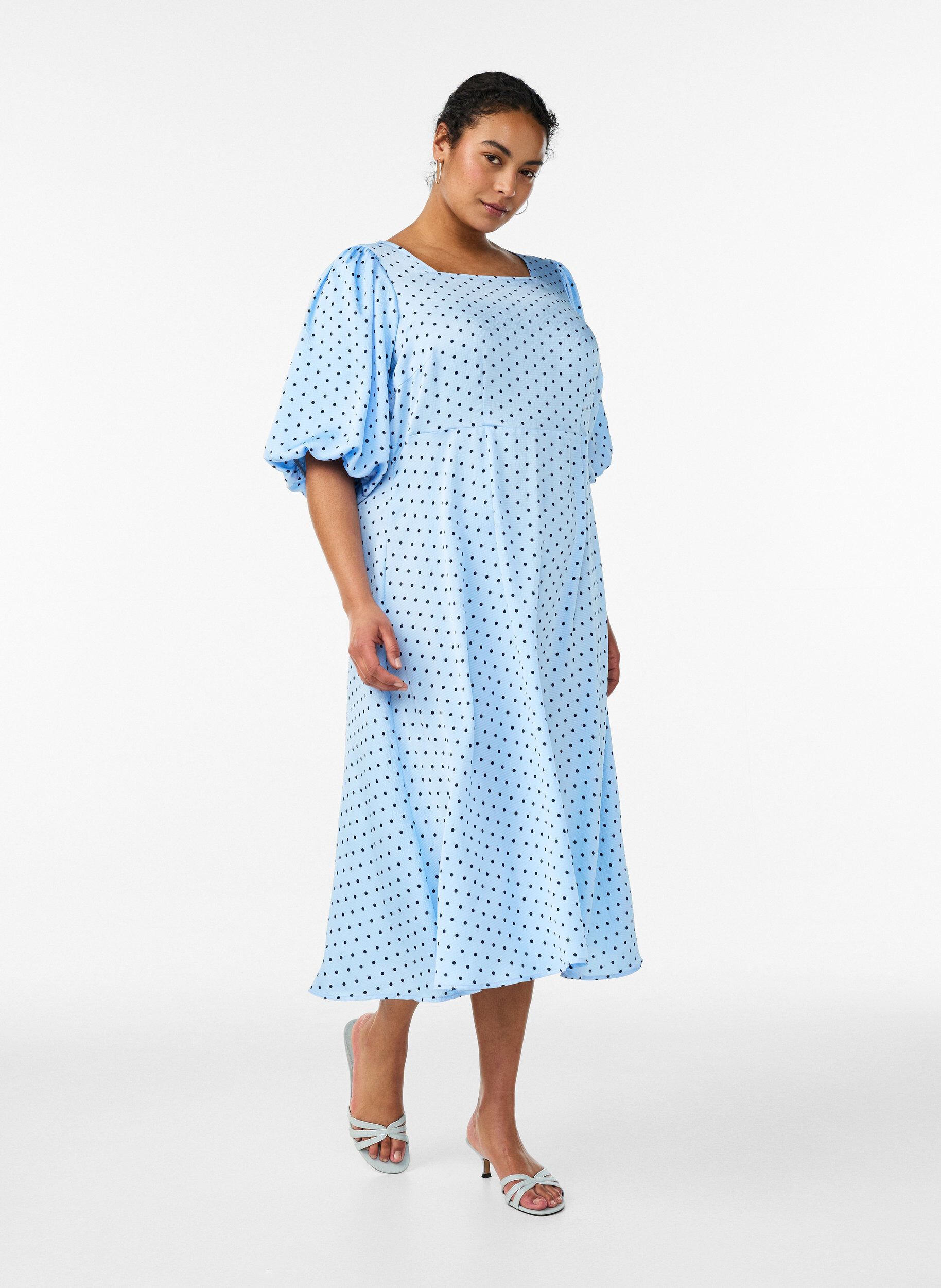 Polkadot midi-jurk met vierkante halslijn, Blauw, Model