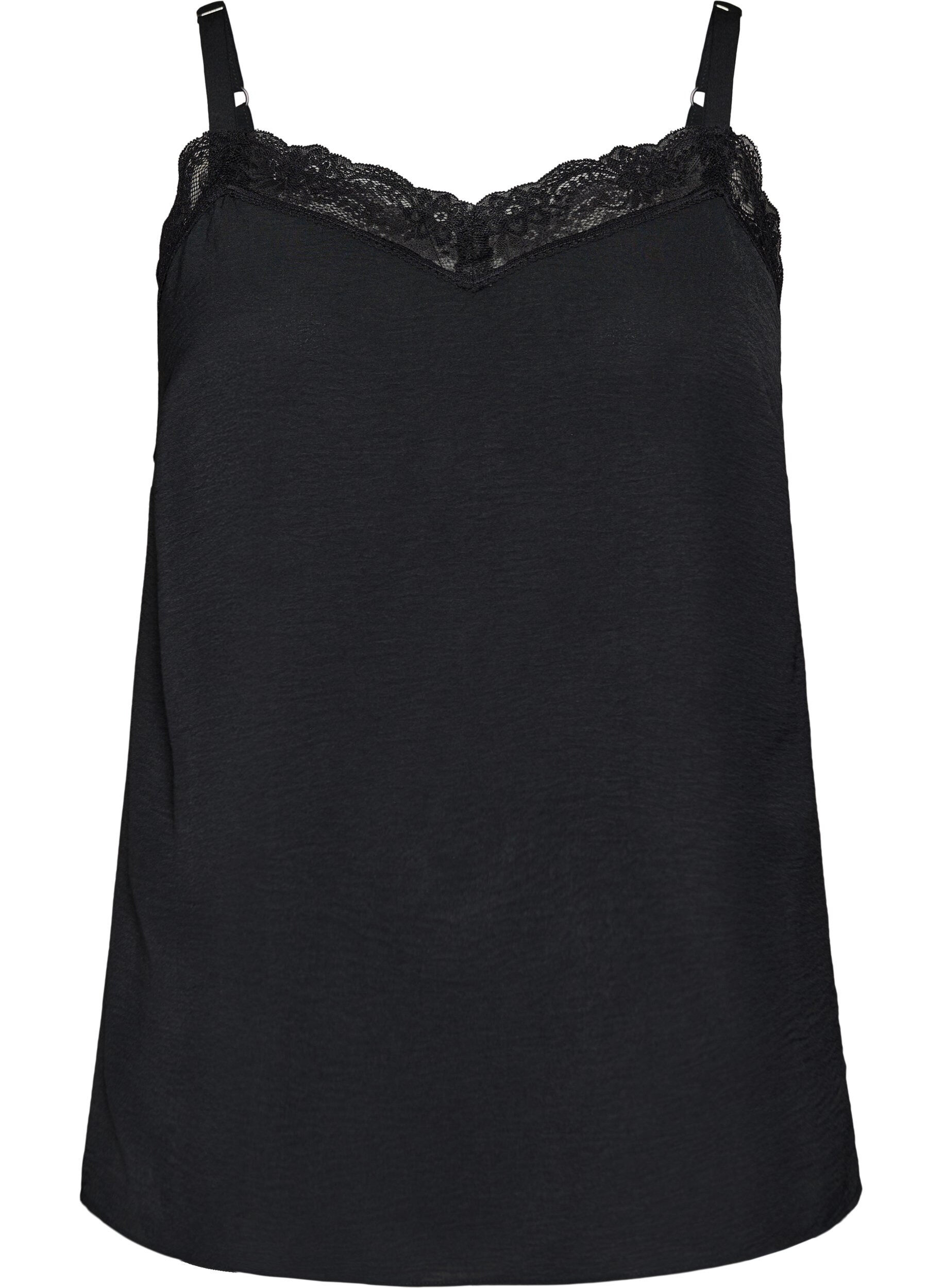 Zizzi Cami top met V-hals en kanten rand, Zwart, Packshot image number 0