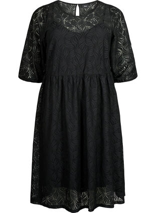 Kanten jurk met driekwartmouwen, Black, Packshot image number 0